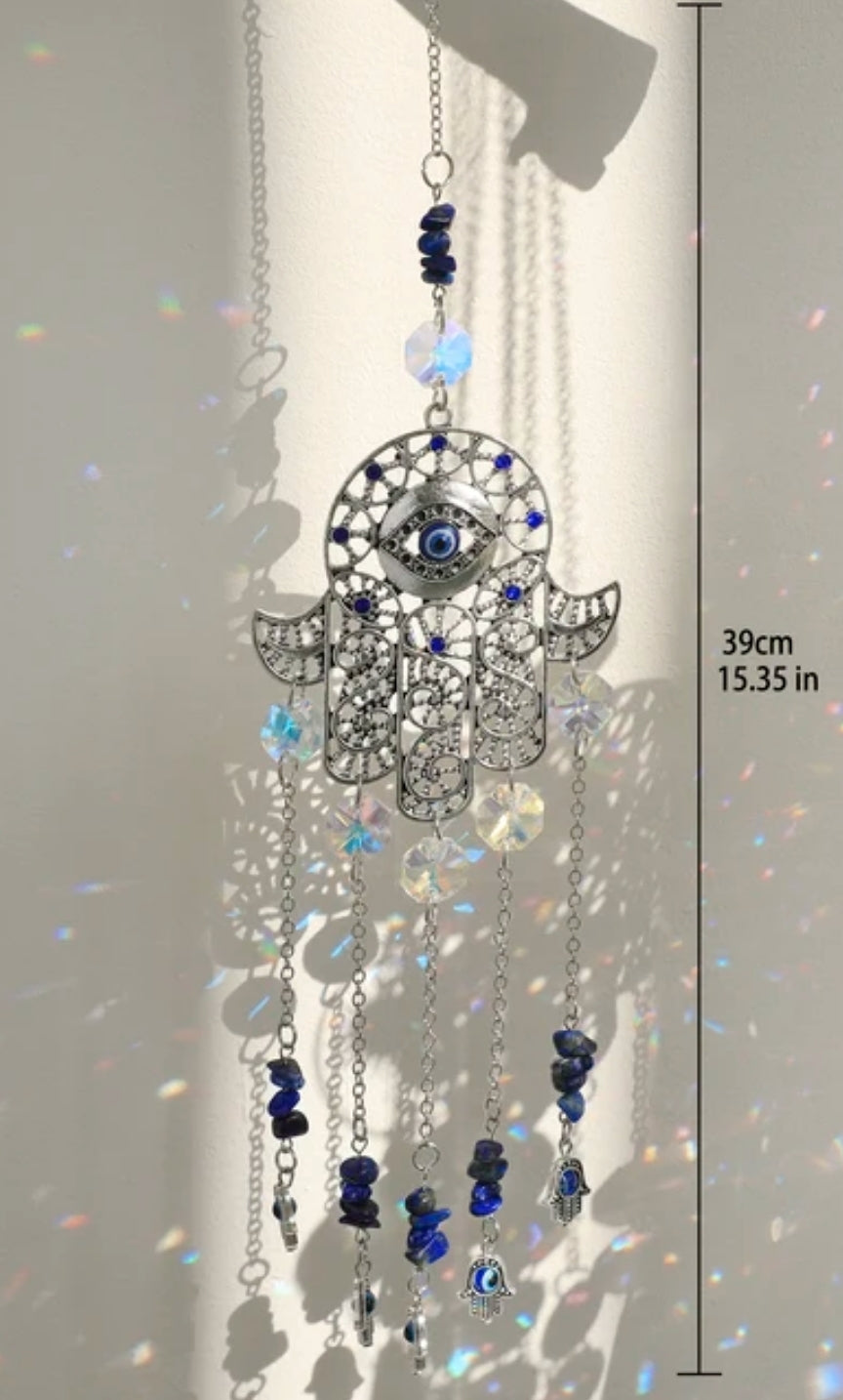 Crystal Hanging, Suncatcher, Hamsa hand, Evil eye. Lapis Lazuli stones, Glass stones