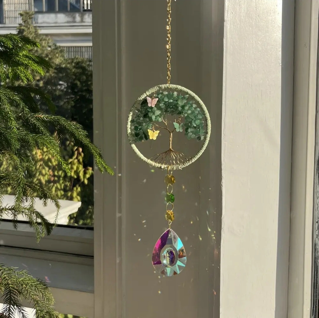 Tree of Life, Crystal Hanging, Suncatcher. Natural stones, Amethyst, Green Aventurine, Light blue and Pink.