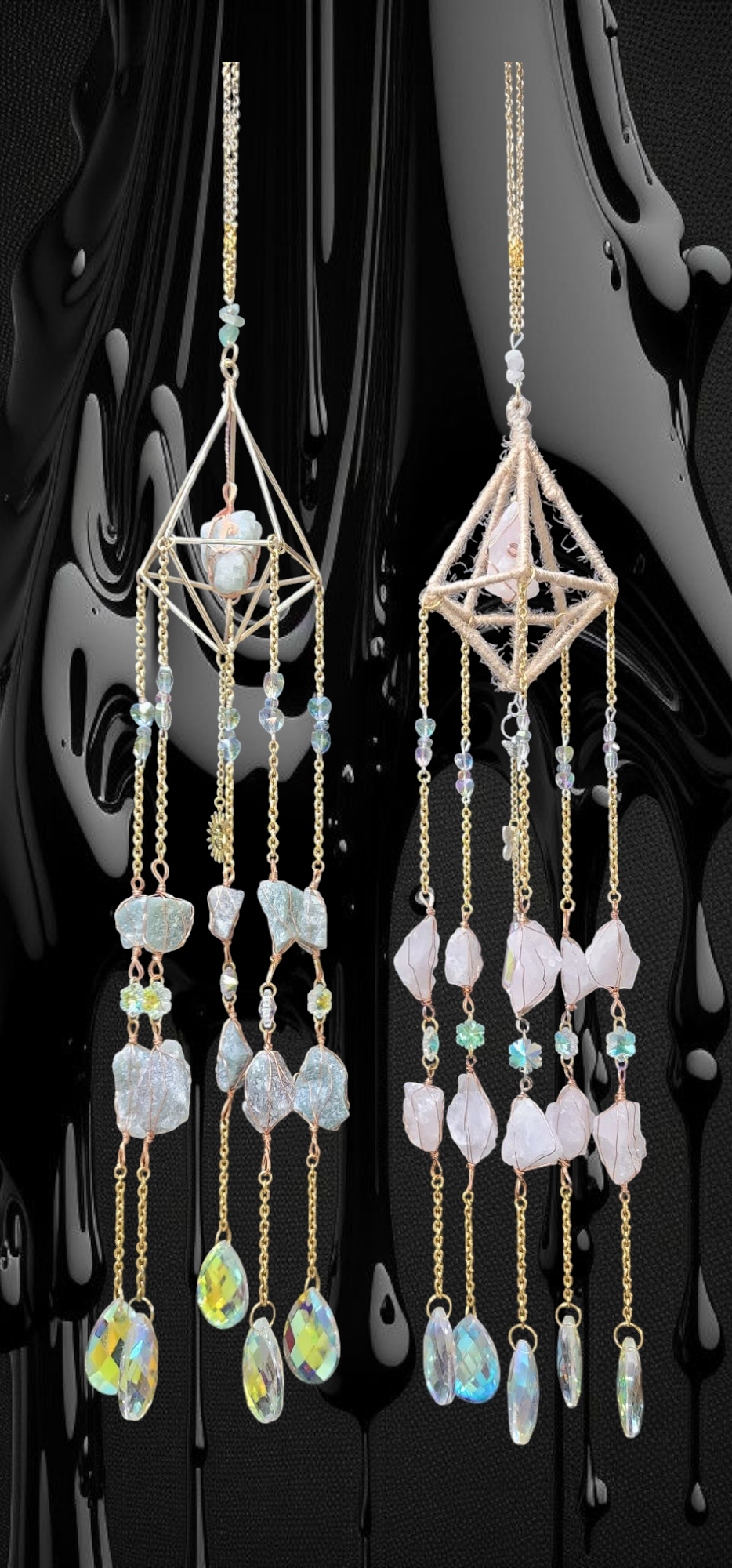 Crystal Hanging Suncatcher Healing Natural stones, Amazonite and Rose Quartz, Long prism design.
