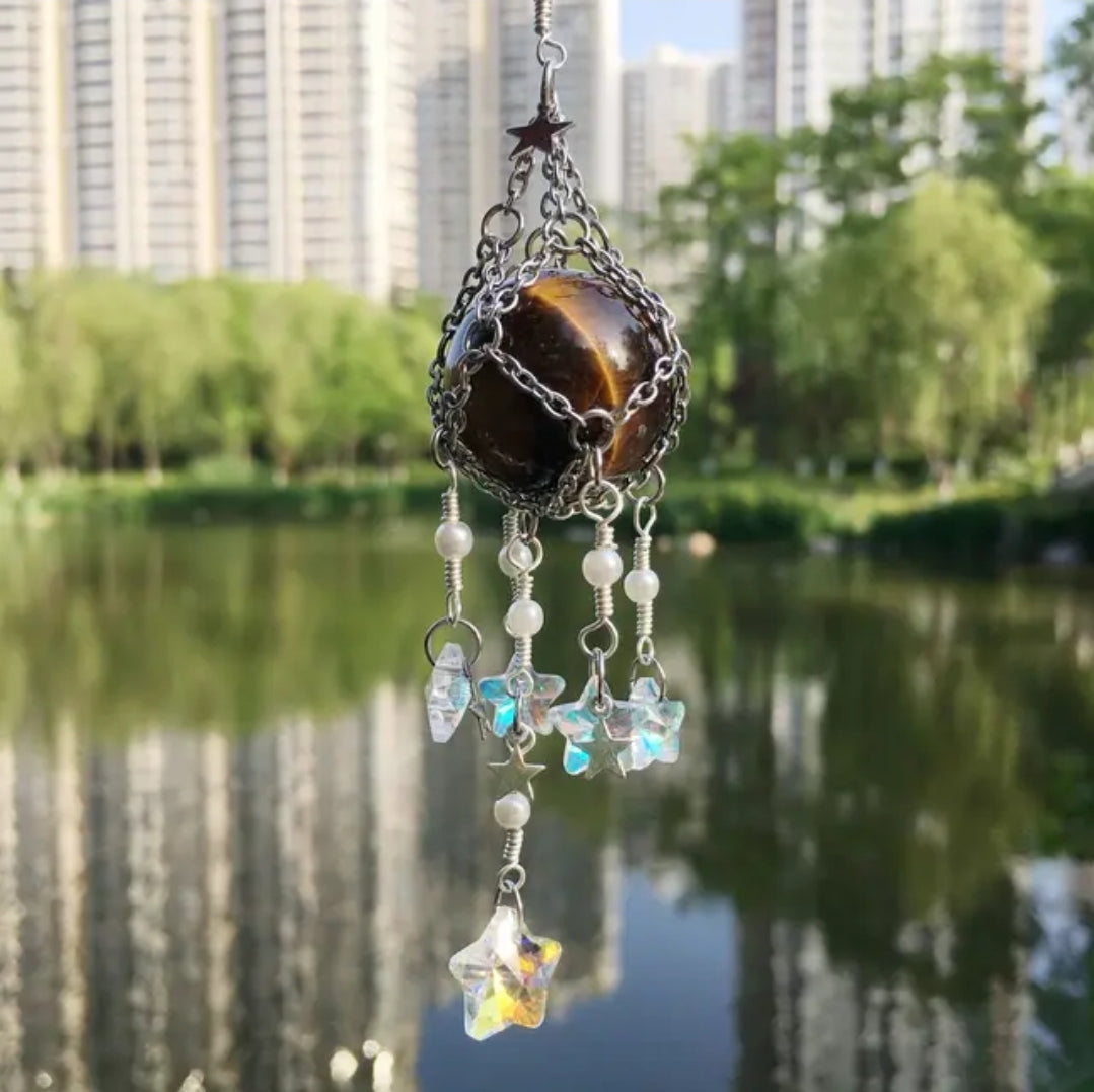 Handwoven in Silver mesh Crystal Hanging, Suncatcher, Natural stones. Car, home, bag hanging.