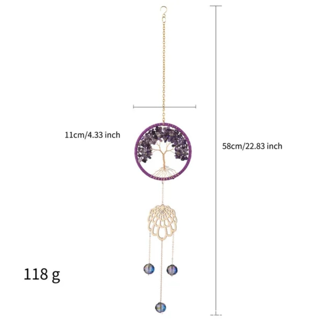 Tree of Life, Crystal Hanging, Suncatcher. Natural stones, Amethyst, Pink Agate mix stones, Green Aventurine, Light blue Agate.