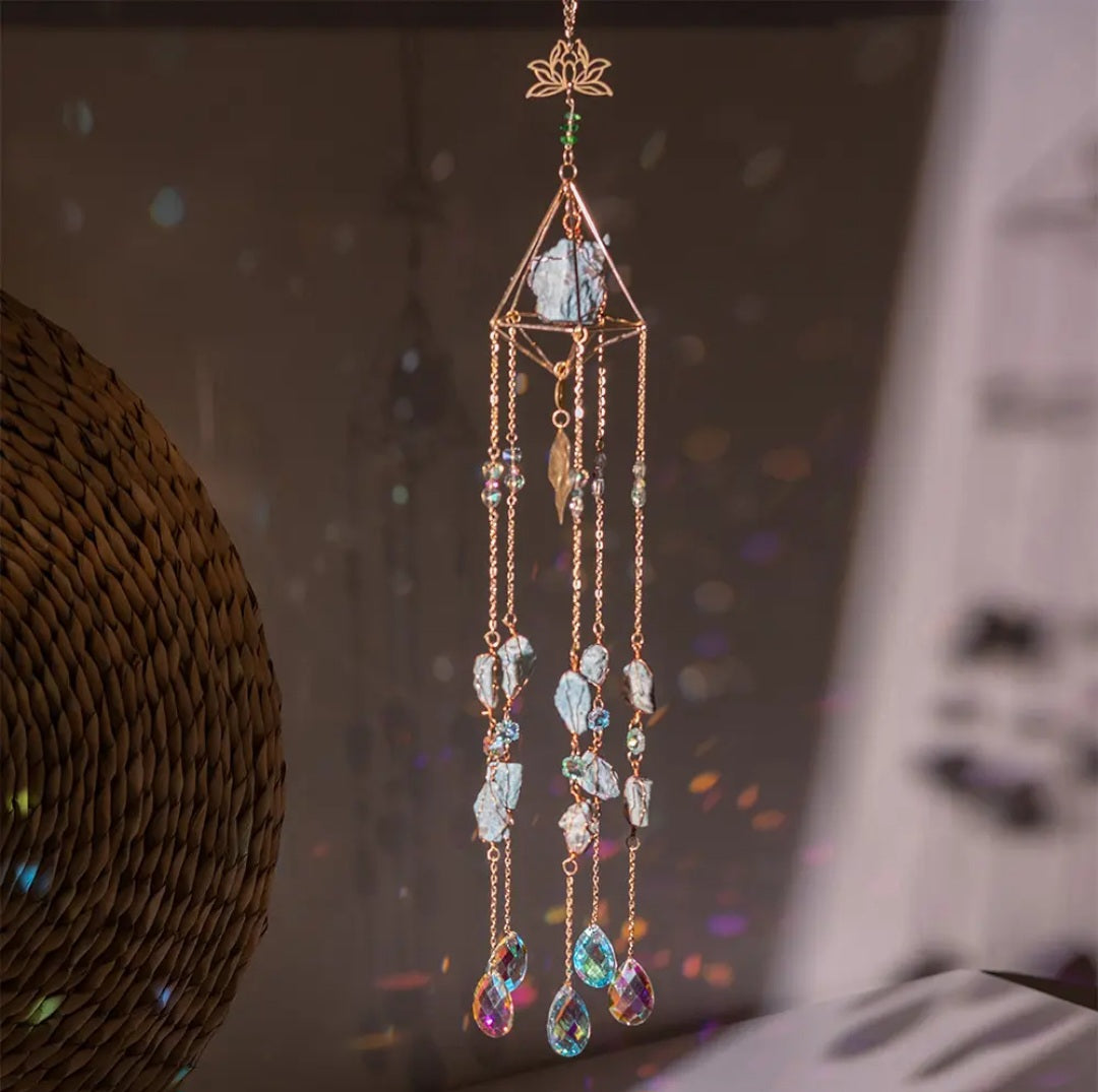 Crystal Hanging Suncatcher Healing Natural stones, Amazonite and Rose Quartz, Long prism design.