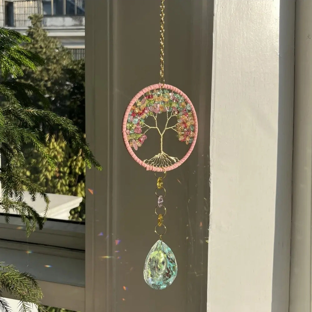 Tree of Life, Crystal Hanging, Suncatcher. Natural stones, Amethyst, Pink Agate mix stones, Green Aventurine, Light blue Agate.