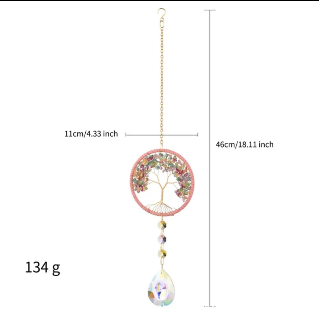 Tree of Life, Crystal Hanging, Suncatcher. Natural stones, Amethyst, Pink Agate mix stones, Green Aventurine, Light blue Agate.