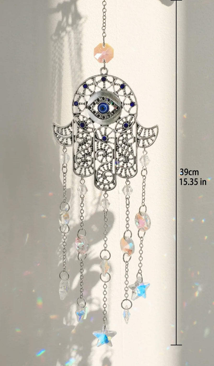 Crystal Hanging, Suncatcher, Hamsa hand, Evil eye. Lapis Lazuli stones, Glass stones