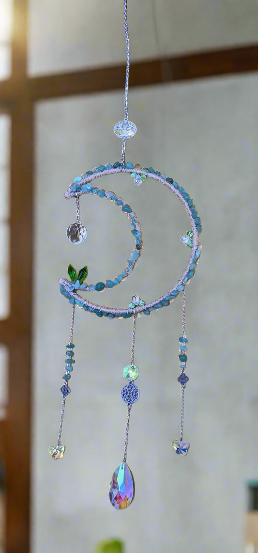 Crystal Hanging. Suncatcher moon 🌙 Natural Stone: Green Aventurine