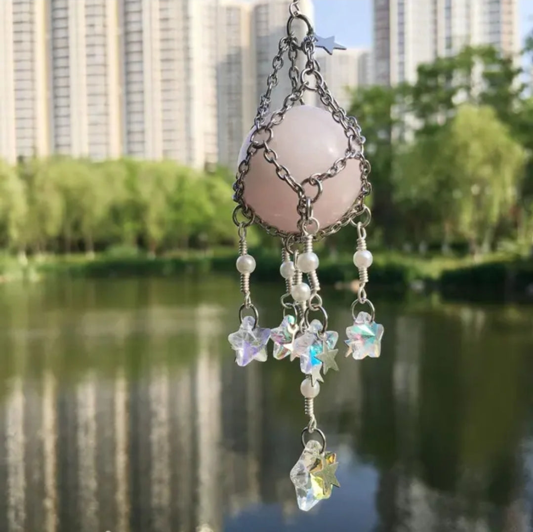 Handwoven in Silver mesh Crystal Hanging, Suncatcher, Natural stones. Car, home, bag hanging.