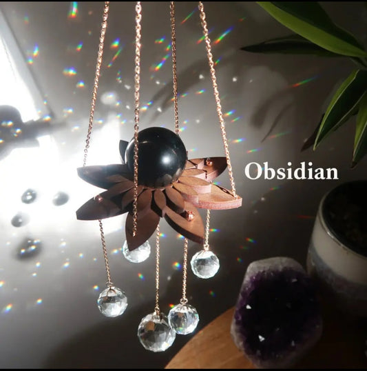 Lotus Crystal ball, Suncatcher sphere holder wooden base various stones.