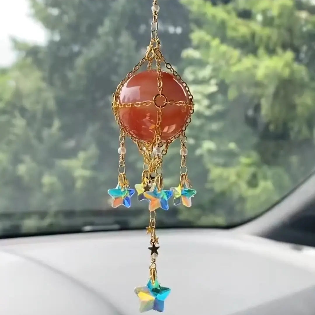 Handwoven in Silver mesh Crystal Hanging, Suncatcher, Natural stones. Car, home, bag hanging.