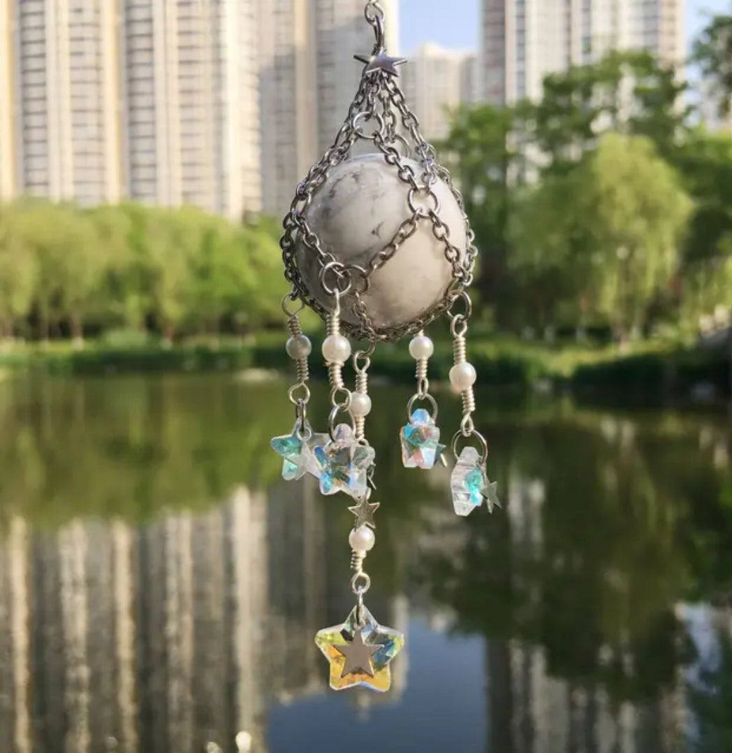 Handwoven in Silver mesh Crystal Hanging, Suncatcher, Natural stones. Car, home, bag hanging.
