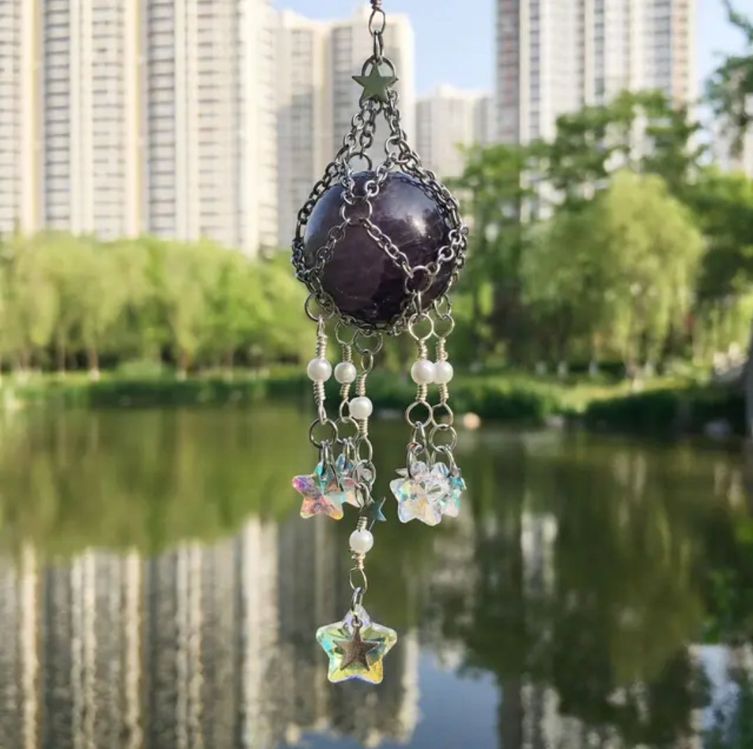 Handwoven in Silver mesh Crystal Hanging, Suncatcher, Natural stones. Car, home, bag hanging.