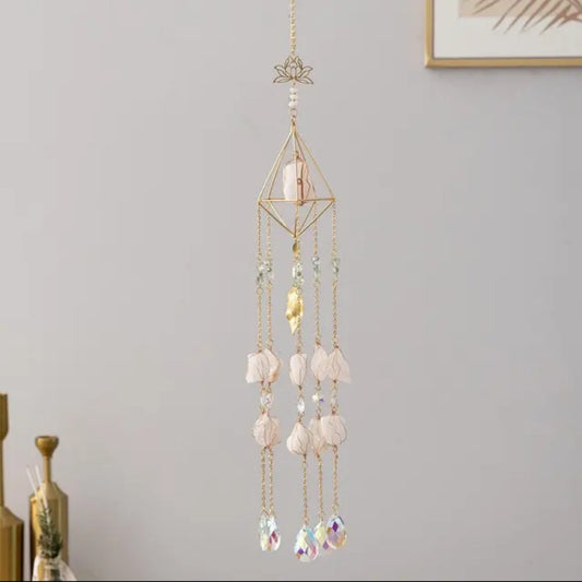 Crystal Hanging Suncatcher Healing Natural stones, Amazonite and Rose Quartz, Long prism design.