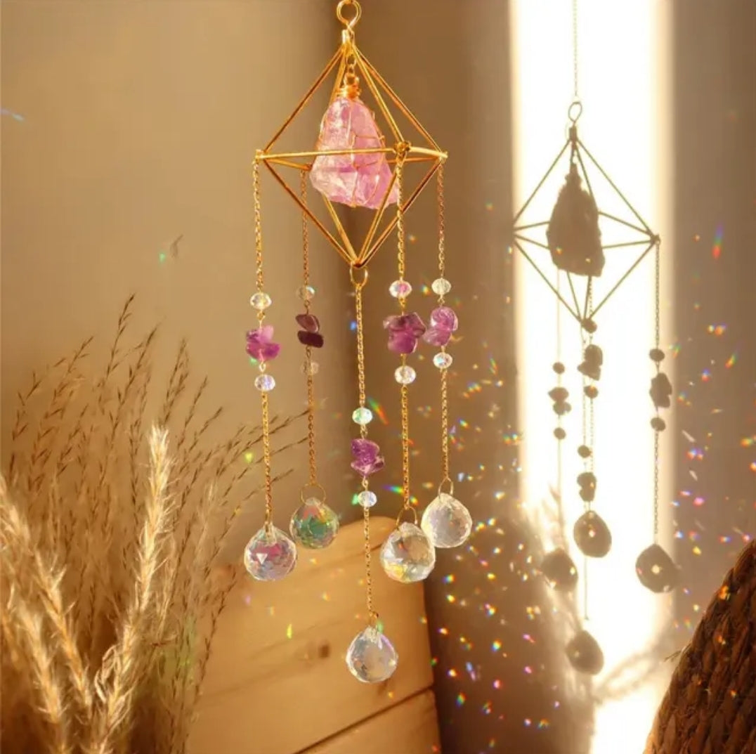 Crystal Hanging, Suncatcher, Various Natural gemstones, Prism design.