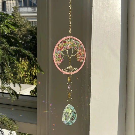 Tree of Life, Crystal Hanging, Suncatcher. Natural stones, Amethyst, Pink Agate mix stones, Green Aventurine, Light blue Agate.