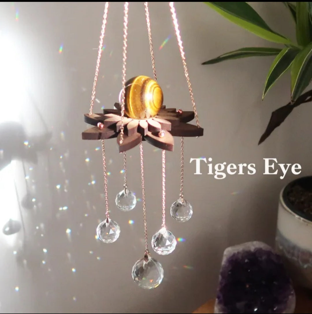 Lotus Crystal ball, Suncatcher sphere holder wooden base various stones.