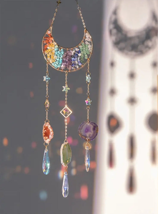 Crystal Hanging, Suncatcher Moon 🌙 7 Chakra natural stones, Agate slices.