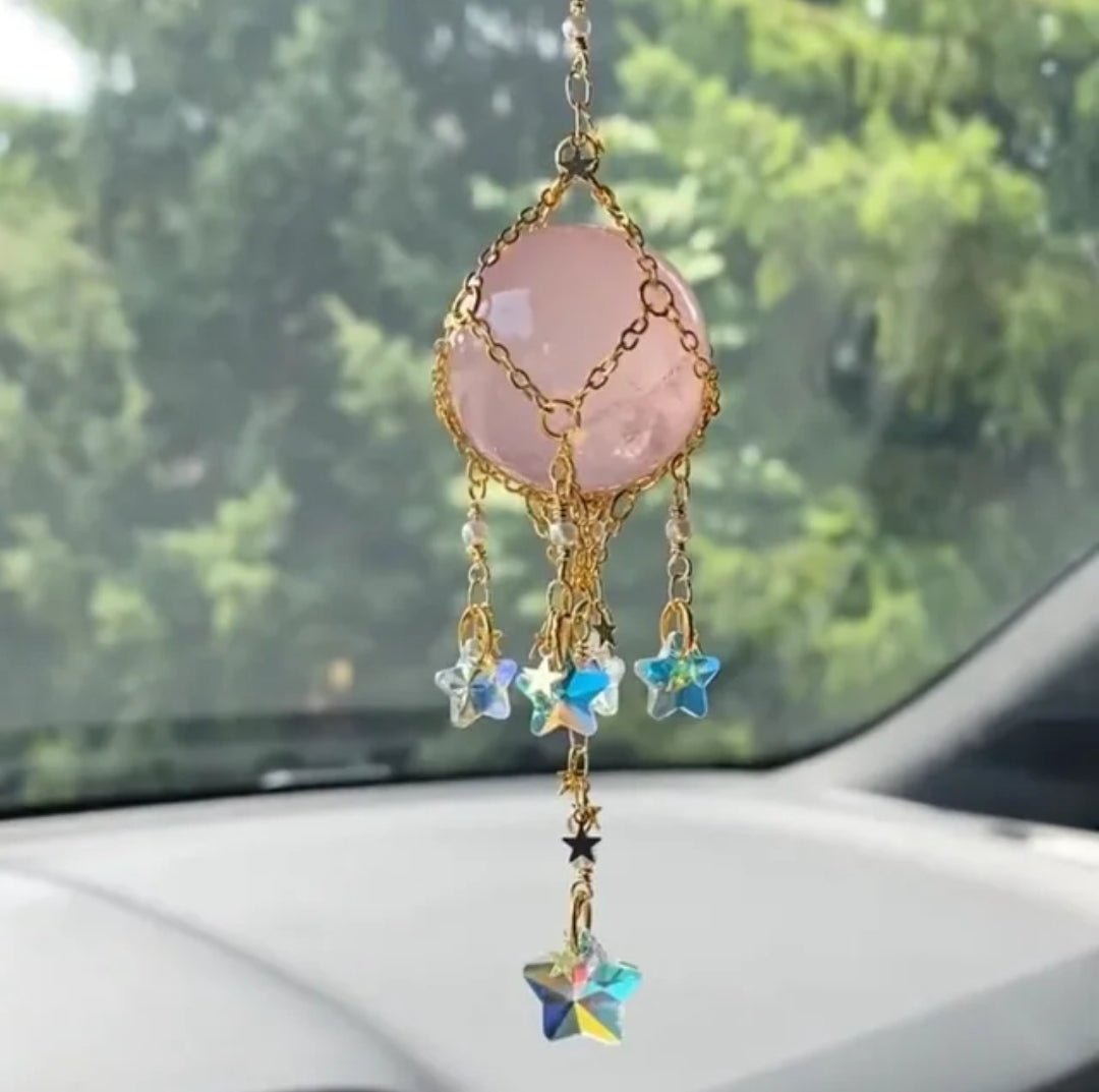 Handwoven in Silver mesh Crystal Hanging, Suncatcher, Natural stones. Car, home, bag hanging.