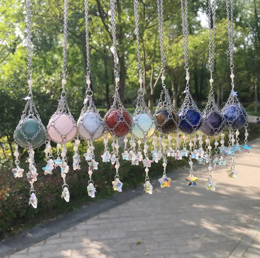 Handwoven in Silver mesh Crystal Hanging, Suncatcher, Natural stones. Car, home, bag hanging.