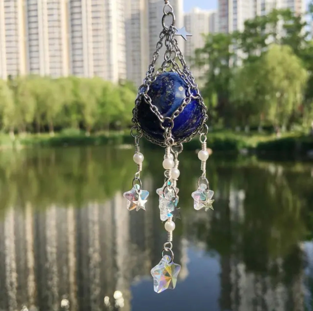 Handwoven in Silver mesh Crystal Hanging, Suncatcher, Natural stones. Car, home, bag hanging.