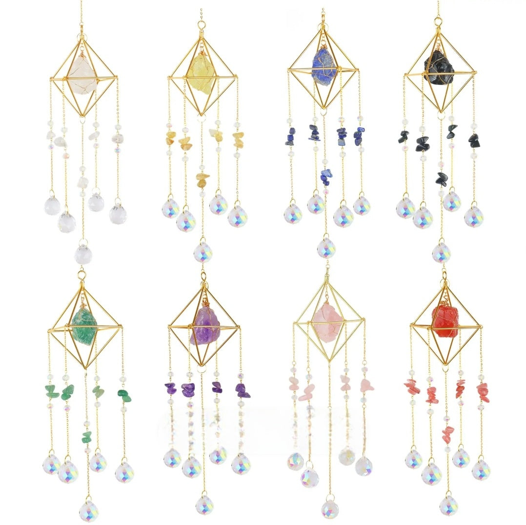 Crystal Hanging, Suncatcher, Various Natural gemstones, Prism design.