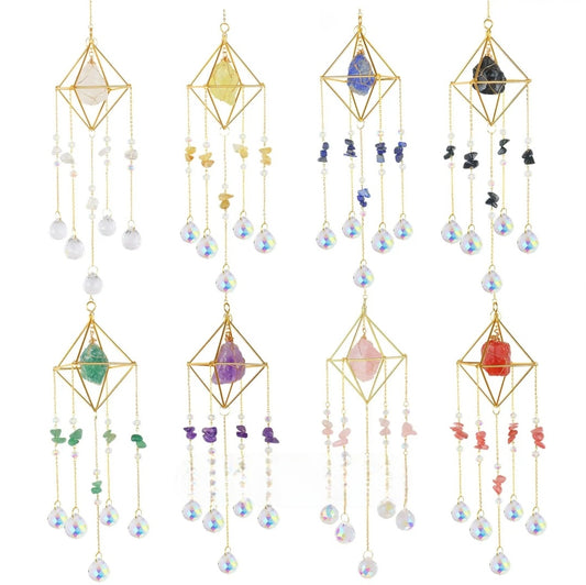 Crystal Hanging, Suncatcher, Various Natural gemstones, Prism design.